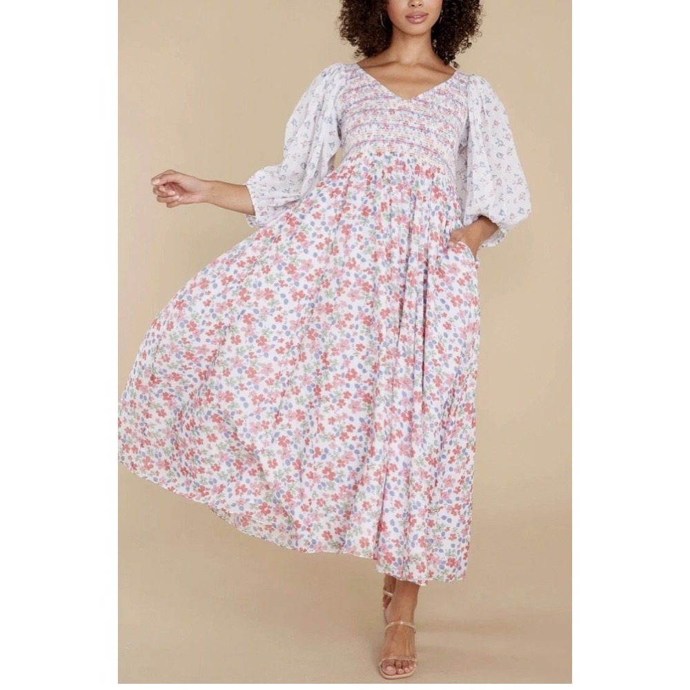 LoveShackFancy Analia Floral-Print Smocked Puff Sleeve Midi Dress Sz XS